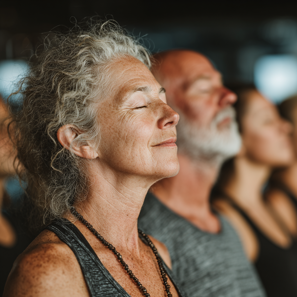 Group of mature adults aged 45-55 participating in a yoga class together, showing diverse participants in comfortable yoga attire practicing synchronized breathing exercises in a bright studio environment