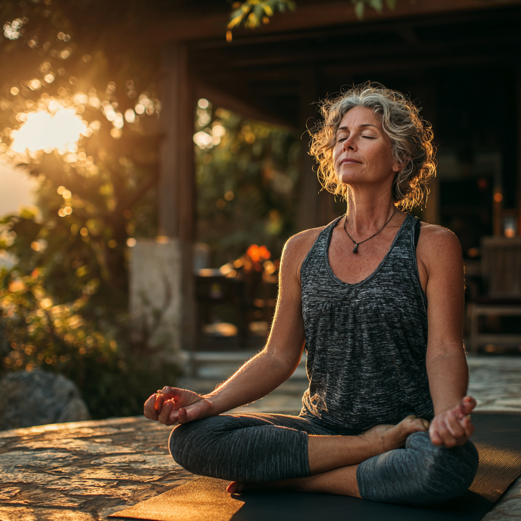 Mature woman in her forties practicing yoga in a peaceful outdoor setting with natural lighting, demonstrating proper posture and mindful breathing during a gentle stretching pose
